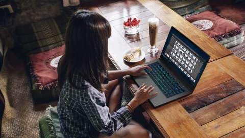 Frau arbeitet mit Fotos auf Laptop